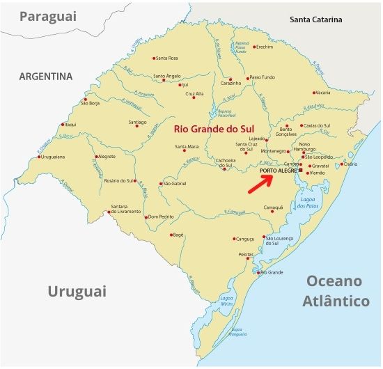 Mapa do Rio Grande do Sul com destaque para Porto Alegre.