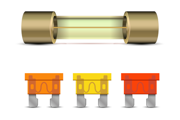 Diferentes tipos de fusíveis utilizados em instalações elétricas.