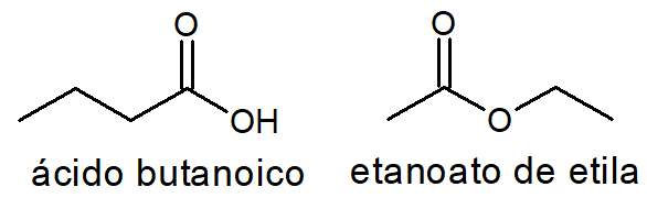 Fórmulas estruturais do ácido butanoico e do etanoato de estila.
