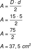 Cálculo da área de losango com diagonal maior medindo 15 cm e diagonal menor medindo 5 cm.