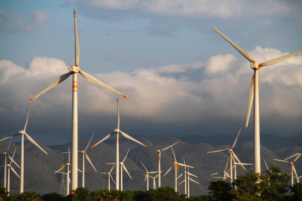 Os aerogeradores na paisagem indicam a presença de usinas eólicas.