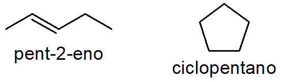 Fórmulas estruturais do pent-2-eno e ciclopentano.