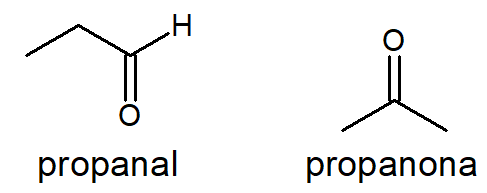 Fórmulas estruturais do propanal e da propanona.