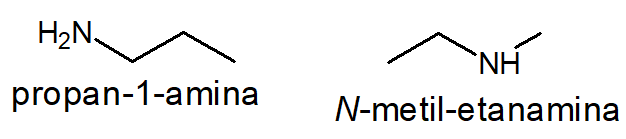 Fórmulas estruturais de propan-1-amina e N-metil-etanamina.