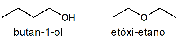 Fórmulas estruturais do butan-1-ol e do etóxi-etano.