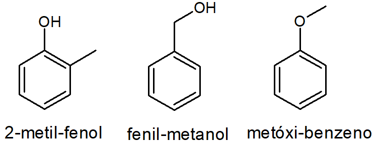Fórmulas estruturais do 2-metil-fenol, do fenil-metanol e do metóxi-benzeno.