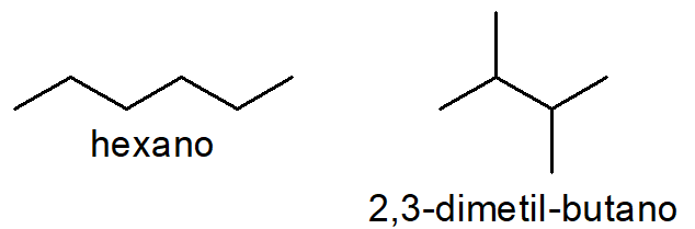 Fórmulas estruturais do hexano e do 2,3-dimetil-butano.