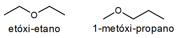 Fórmulas estruturais do etóxi-etano e do 1-metóxi-propano.