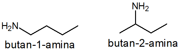 Fórmulas estruturais da butan-1-amina e da butan-2-amina.
