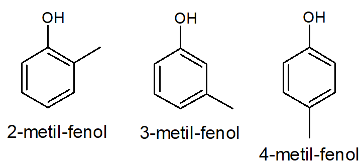 Fórmulas estruturais do 2-metil-fenol, do 3-metil-fenol e do 4-metil-fenol.