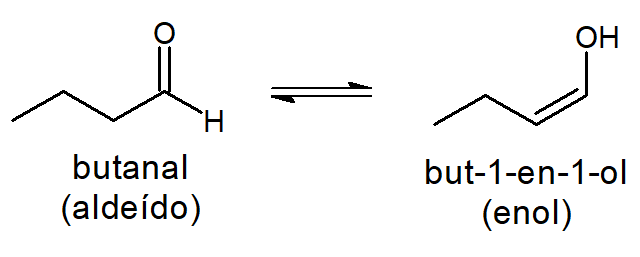 Fórmulas estruturais do butanal e do but-1-en-1-ol.