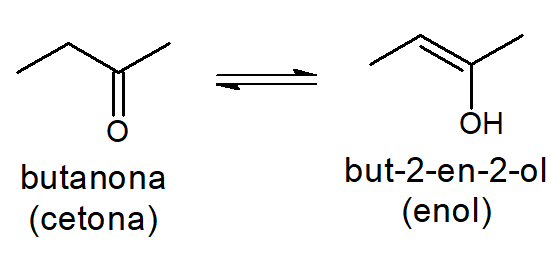 Fórmulas estruturais da butanona e do but-2-en-2-ol.