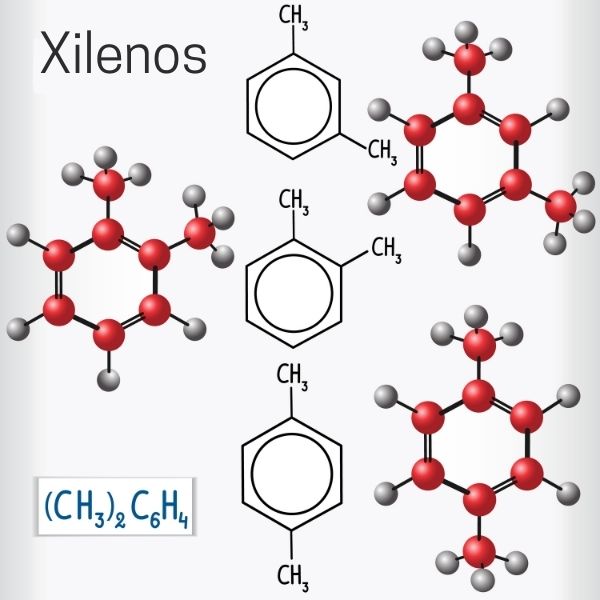 Os isômeros dimetil-benzeno, conhecidos como xilenos.