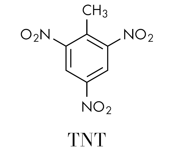 Fórmula estrutural do 2,4,6-trinitrotolueno, o TNT