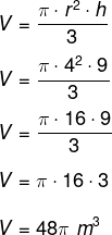 Cálculo de volume de cone com raio de 4 m e altura de 9 m