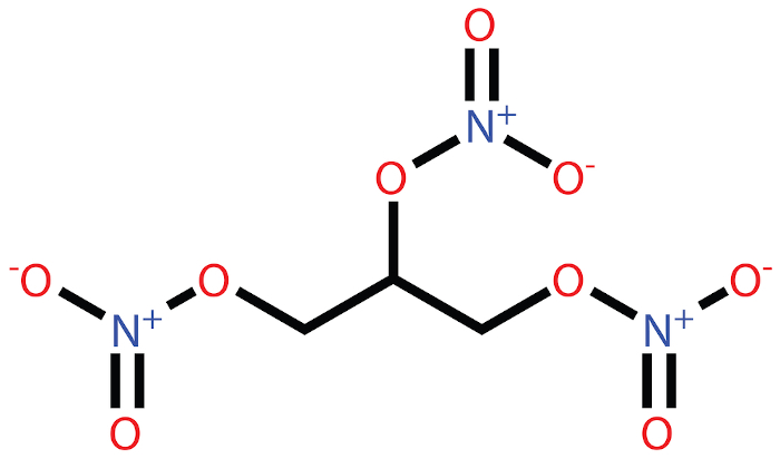 Fórmula estrutural da molécula de nitroglicerina, principal constituinte da dinamite.
