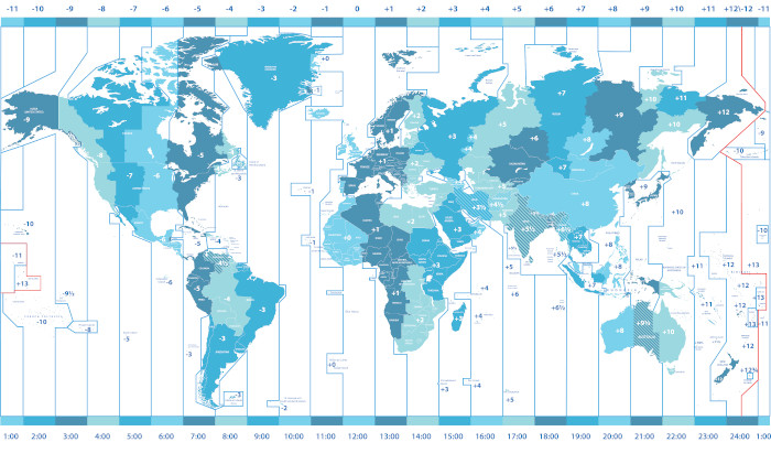 O mapa mostra a divisão do mundo em 24 diferentes fusos horários com os seus limites práticos.