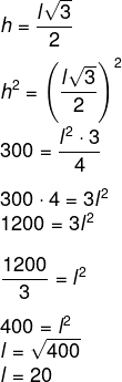 Cálculo da altura de um triângulo equilátero cuja altura ao quadro é igual a 300