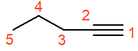Representação da estrutura do pent-1-ino, com numeração dos carbonos da cadeia