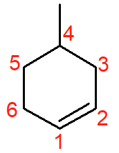 Representação da estrutura do 4-metil-ciclohexeno, com numeração dos carbonos da cadeia