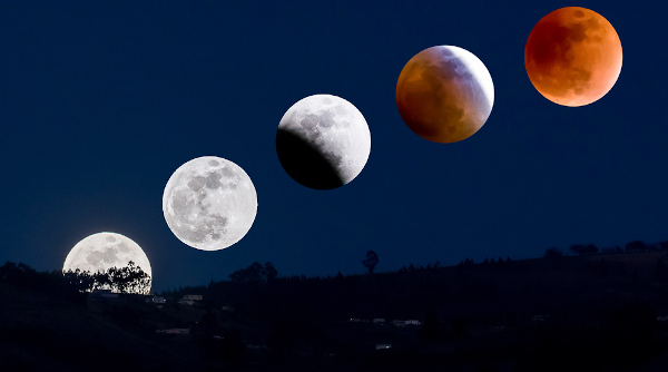 Diferentes etapas de um eclipse lunar em uma noite de Lua Cheia. O fenômeno ocorre somente quando o satélite se encontra alinhado com a Terra e o Sol.