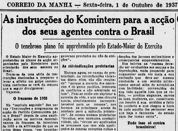 Página do jornal Correio da Manhã denunciando o plano dos comunistas para desestabilizar a ordem nacional em 1937.
