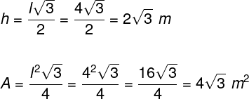Cálculo da altura e da área de um triângulo equilátero com lados medindo 4 m