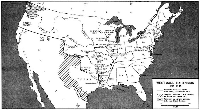 Mapa demonstrando a expansão do território estadunidense entre 1815 e 1845.