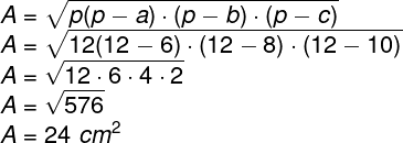 Cálculo pela fórmula de Heron da área de triângulo escaleno com lados medindo 6 cm, 8 cm e 10 cm e semiperímetro de 12 cm