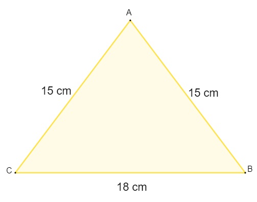 Triângulo com lados medindo 15 cm e base medindo 18 cm