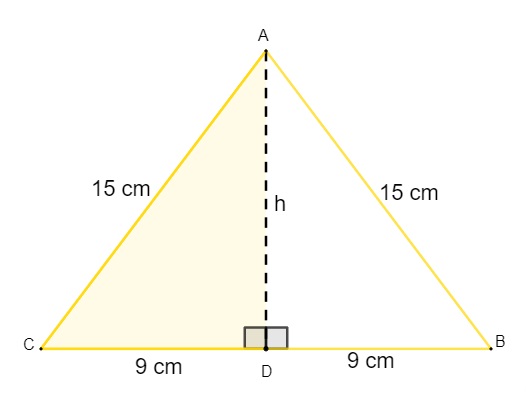 Triângulo com lados medindo 15 cm e base dividida em 9 cm