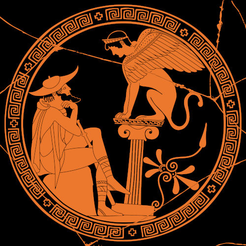 Ilustração antiga do mito de Édipo, com Édipo e a esfinge