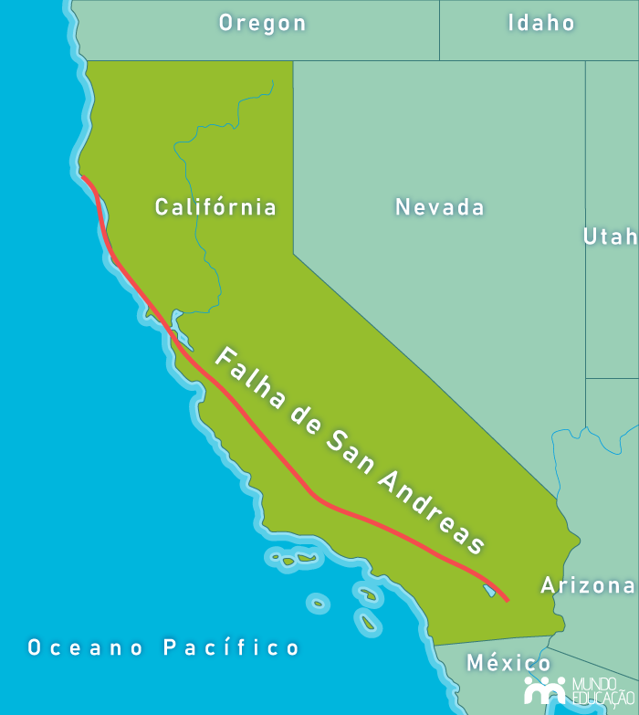 Mapa mostra localização da falha de San Andreas, nos Estados Unidos.