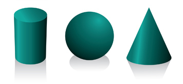 Um cilindro, uma esfera e um cone em verde.