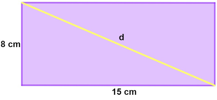 Ilustração de um retângulo roxo-claro com bordas em roxo-escuro e diagonal em amarelo, com base de 15 cm e altura de 8 cm.