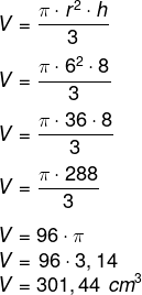 Cálculo de volume de cone com altura igual a 8 cm