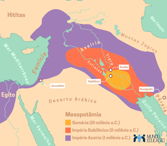 Mapa da região em que a Mesopotâmia estava localizada.