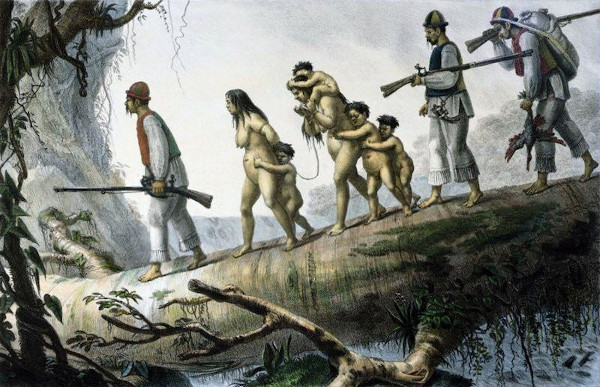 Pintura de Jean-Baptiste Debret em que soldados estão escoltando presos indígenas.