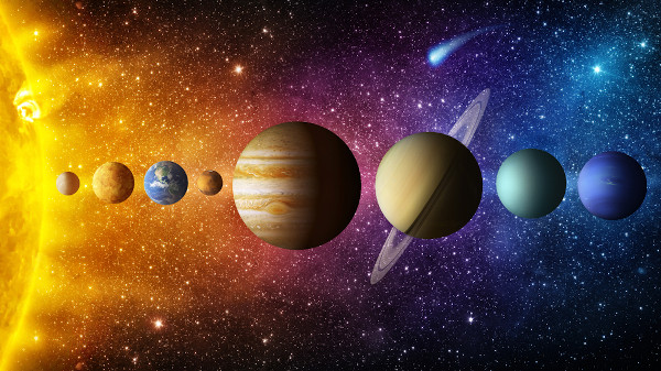 Representação dos oito planetas que formam o Sistema Solar.