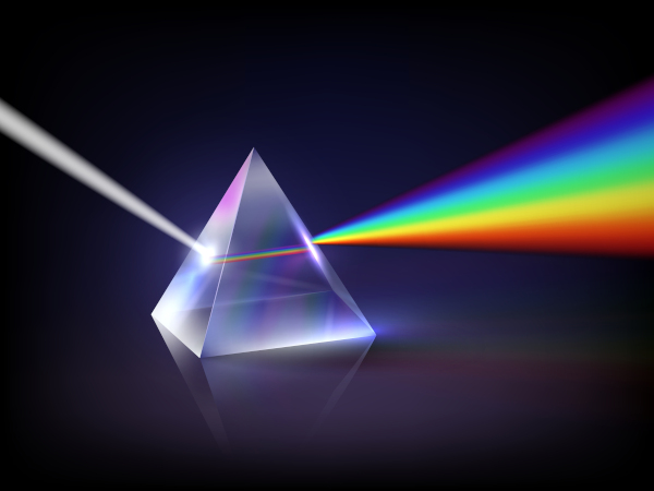 Representação da luz branca atravessando um prisma e sendo decomposta nas sete cores do arco-íris.