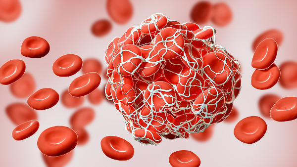 Ilustração em 3D do processo de coagulação sanguínea.
