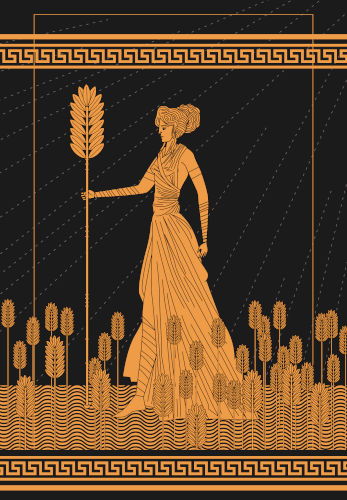 Ilustração da deusa grega Deméter em meio a uma plantação de trigo.