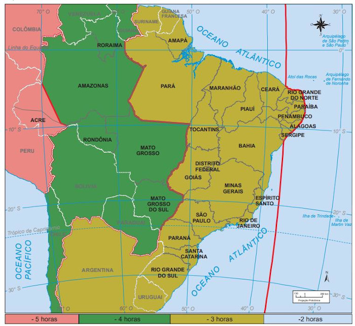 Mapa indicando os quatro fusos horários que existem no Brasil.