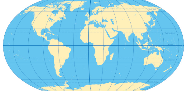 Mapa-múndi com as linhas imaginárias do planeta traçadas.