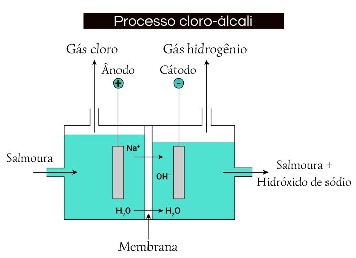 Representação da eletrólise aquosa do cloreto de sódio, para a produção de gás cloro e hidróxido de sódio, em uma célula de membrana.