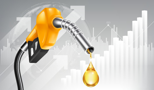 Ilustração de um bocal de bomba de gasolina com uma gota de gasolina caindo na ponta.