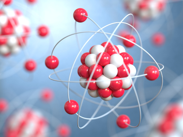 Representação da estrutura atômica, formada por prótons, nêutrons e elétrons.