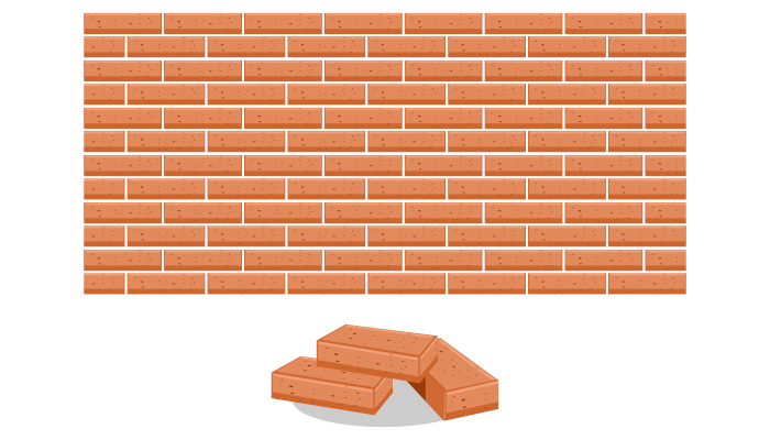  Ilustração de três tijolos no chão próximos a uma parede de tijolos.