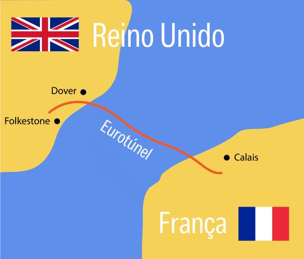 Ilustração traz localização do Canal da Mancha e do Eurotúnel.