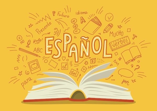 Ilustração conceitual traz livro aberto e figuras diversas ao redor dele. Lê-se acima do livro: “Español”.